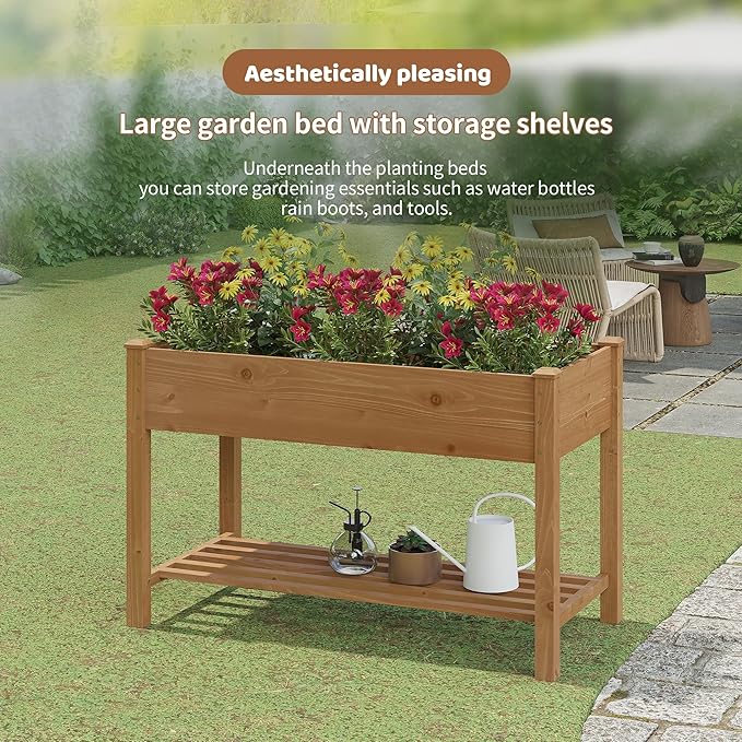 FILWH Raised Garden Bed with Legs Elevated Wooden Planter Box Stand Large Planter Stand Box for Fruits Vegetables Flowers with Divider with Bag - 48 * 24 * 30.5IN（Brown）