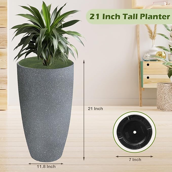 2 Packs 21 inch Tall Planter, Indoor Outdoor Round Planter for Porch, Large Plant Pot with Drainage Hole for Home Garden Front Door, Modern Decorative Pots for Plants (Dark Gray)