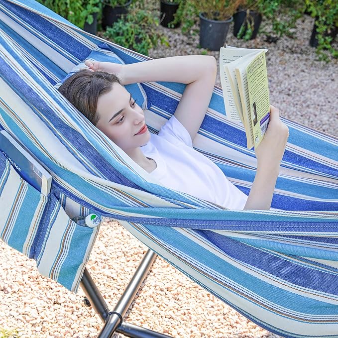 PNAEUT Double Hammocks with Stand for Outside, Portable Space Saving Heavy-Duty Steel Stand for Indoor Outdoor Patio with Carrying Bag, 450 lbs Capacity (Lightblue)