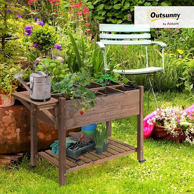 Outsunny Raised Garden Bed with 8 Grow Grids, Wooden Outdoor Plant Box Stand with Folding Side Table and Wheels, 49" x 21" x 34", for Vegetables, Flowers, Herbs, Brown