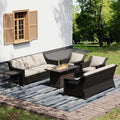 Joyside Wicker Patio Furniture Sets, 6 Pieces Upgraded Large Size Outdoor Furniture with Swivel Rocking Patio Chairs, Two 3-Seat Sofa, Fire Table, Coffee Table, Thick Cushions, Wide Armrest, Beige