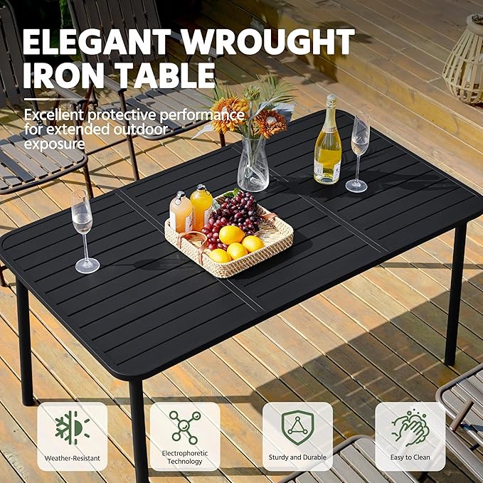 Yaheetech Outdoor Dining Table for 6 Person, Rectangular Slatted Metal Patio Table for Deck Garden Lawn Backyard Use, Black