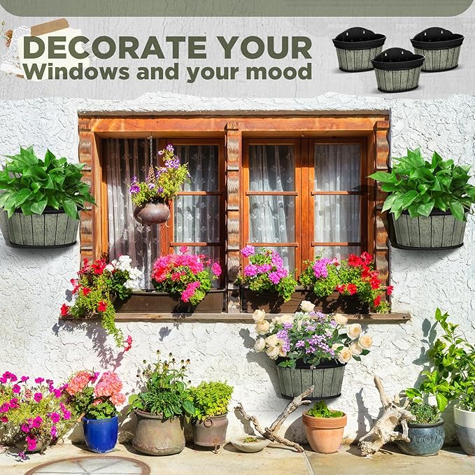 Layhit 6 Pcs Wall Hanging Planters Outdoor Pot Planter Wine Barrel Planter Distressed Oak Thickened Plastic Water Storage Flower Pots for Flower Indoor Outdoor(13.78 Inches,Grey Green)