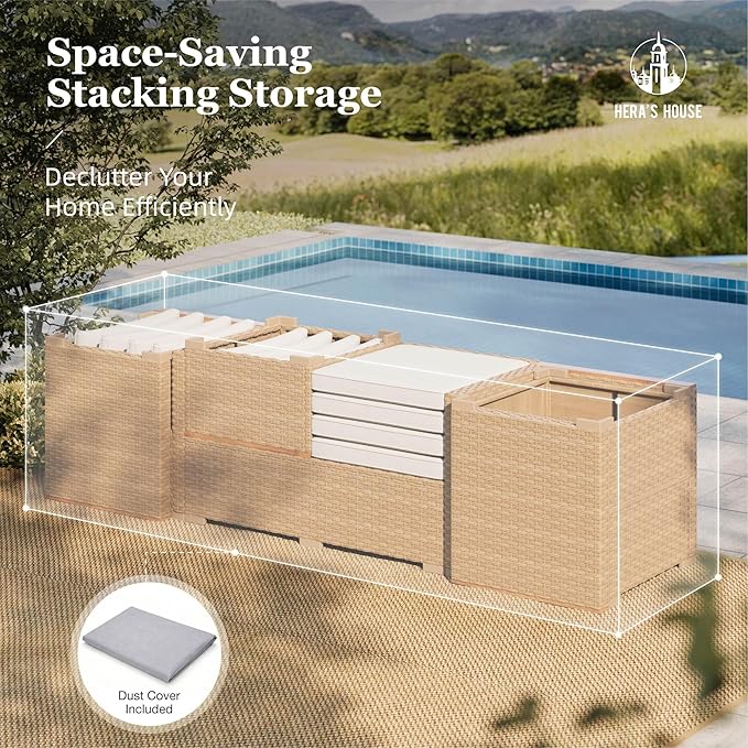 HERA'S HOUSE Wicker Patio Furniture Set, 7 Pieces Outdoor Sectional Sets with 6 Seats, Rattan Conversation Set with Sofa and Wood Coffee Table for Garden and Backyard, l Shape Boho Balcony Couch Set
