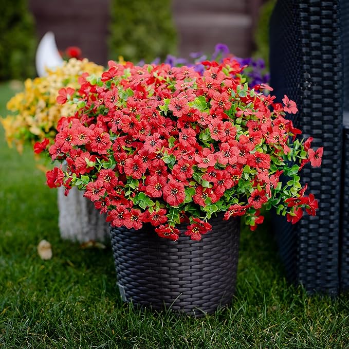 Artificial Flowers for Outdoors Fake Plants - 16 Bundles Faux Outside Greenery Boxwood No Fade Plastic Shrubs Fall Decor Farmhouse Home Garden Thanksgiving Mums (PureRed)
