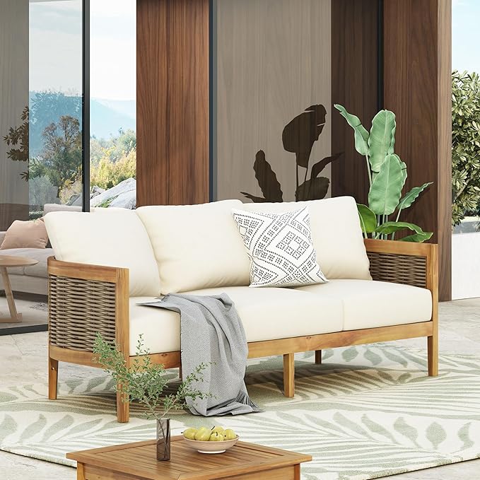 Merax 76.5" Outdoor Acacia Wood Wicker 3 Seater Sofa, Patio Furniture Couch for Backyard