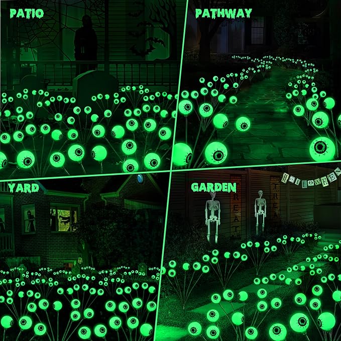 BrizLabs Solar Halloween Lights, 2 Pack 12 LED 2 Modes Halloween Eyeball Lights, Outdoor Pathway Light, Swaying Eye Firefly Walkway Lighting, Green Solar Lighting for Path Yard Garden Lawn