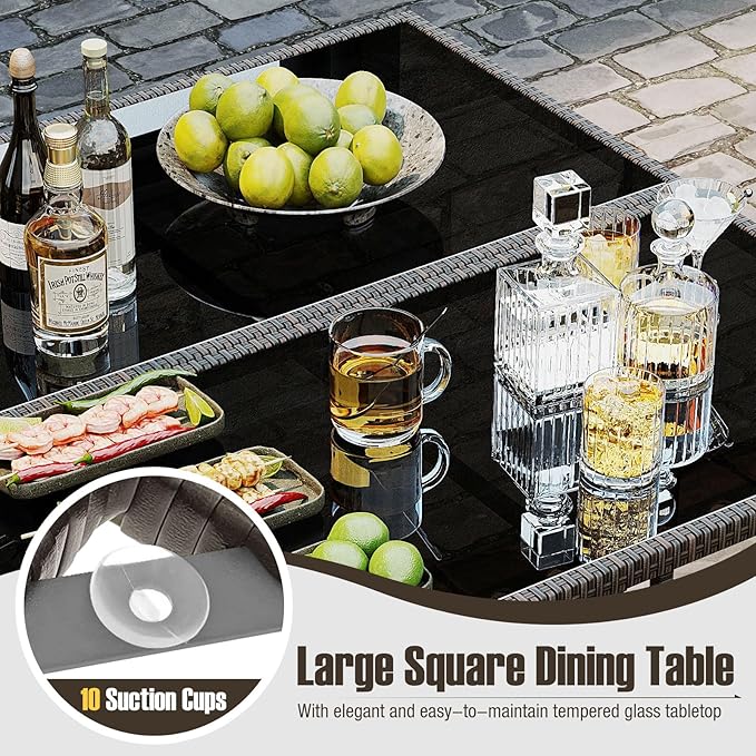 Tangkula 9 Piece Patio Dining Set, Rattan Chairs with Tempered Glass Table & Ottoman, Space Saving Wicker Sectional Conversation Set with Removable Cushions, Outdoor Furniture for Backyard Garden Deck