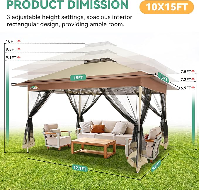 COBIZI 10x15 FT Pop up Gazebo on Clearance - Outdoor pop up Canopy Tent,carpas para Patio, Shelter - Screen Tents with Portable Carry Bag, Patio Gazebos for Camping,Garden,Deck,Backyard,Khaki