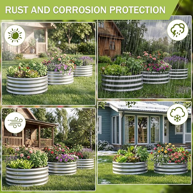 AHEONLAR 3Pack 2x2x1 ft Round Galvanized Raised Garden Bed Kit Round Metal Flower Box Large Planter Raised Beds Outdoor Garden for Planting,Fruit,Herb-Sliver