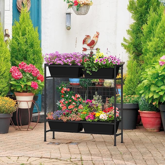 OYEAL Raised Garden Bed 32" Tall Elevated Planter Boxes with Trellis & Legs, Standing Herb Garden Planter Outdoor for Gardening, Vegetables, Flowers, Herbs, Backyard, Black