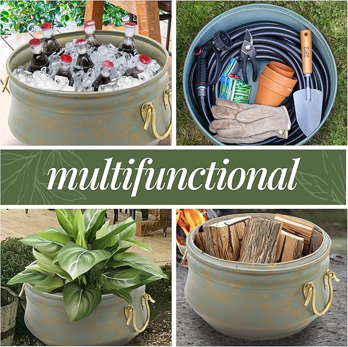 Sedona Hose Pot with Lid, Brass Accents, holds up to 100-Feet of Hose By Good Directions