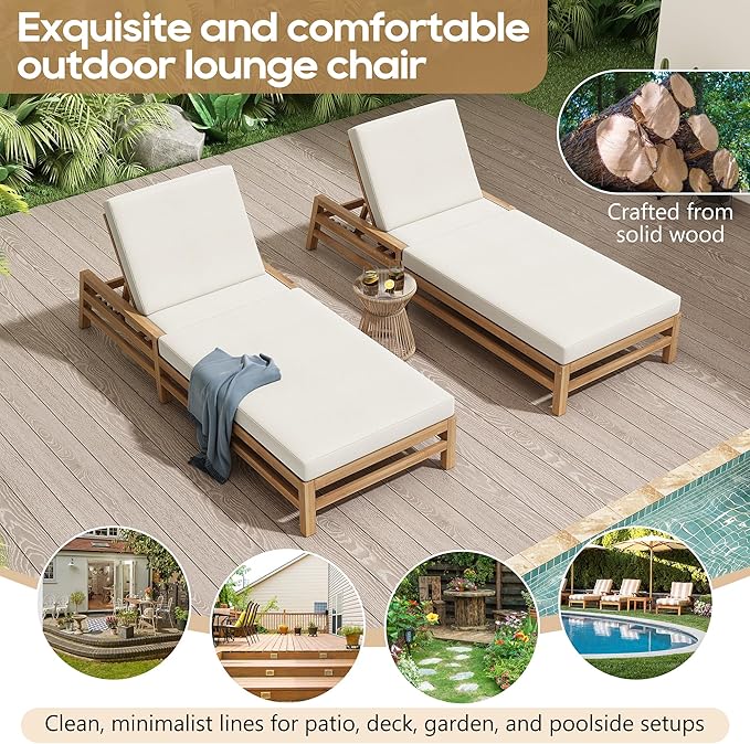 LUMISOL Patio Chaise Lounge Chair, 5-Position Adjustable Outdoor Chaise Lounge, Solid Wood Patio Recliner Chair with Thick Cushions, Weather-Resistant for Pool, Balcony, Garden, Light Teak