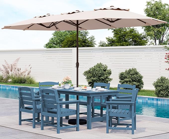 SERWALL 8-Piece Patio Dining Sets with 15FT Double Side Patio Umbrella, Outdoor HDPE Dining Furniture Set with Umbrella Hole Cut-Out Table and 6 Chairs, Blue（Umbreall Base not Included）