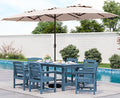 SERWALL 8-Piece Patio Dining Sets with 15FT Double Side Patio Umbrella, Outdoor HDPE Dining Furniture Set with Umbrella Hole Cut-Out Table and 6 Chairs, Blue（Umbreall Base not Included）