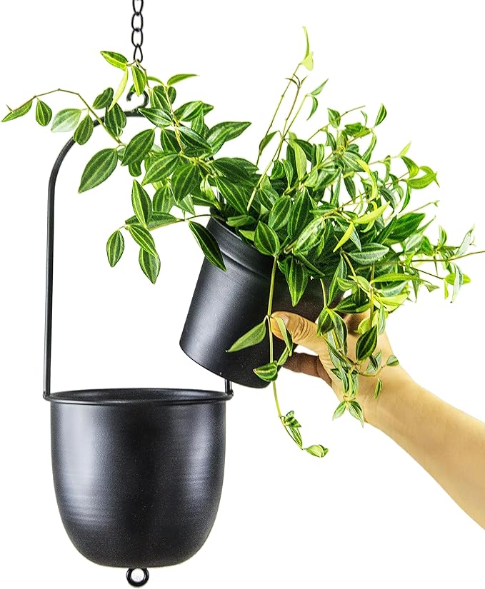 Stackable Metal Hanging Planters, Set of 2 Black Oval Plant Hangers with 6 inch Flower Pots, Modern Wall and Ceiling Plant Holders for Indoor Outdoor Plants Home Décor