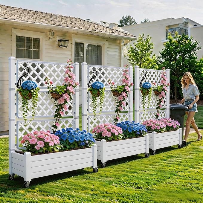 YITAHOME 3.6x1.5x5 FT Planter Box Trellis with Wheels, Large Outdoor Plastic Raised Garden Bed with Drain Plug for Climbing Plants, Grayish-White