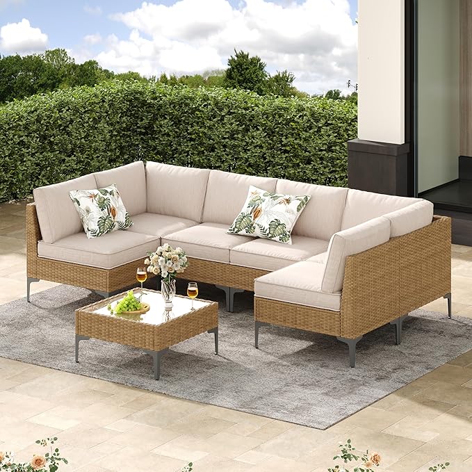 Jing's Villa 7-Piece Outdoor Patio Furniture Set,Ratten Conversation Sectional Sofa w/Coffee Table, All-Weather Patio Conversation Set with Thick and Anti-Slip Cushions for Backyard,Deck,Beige