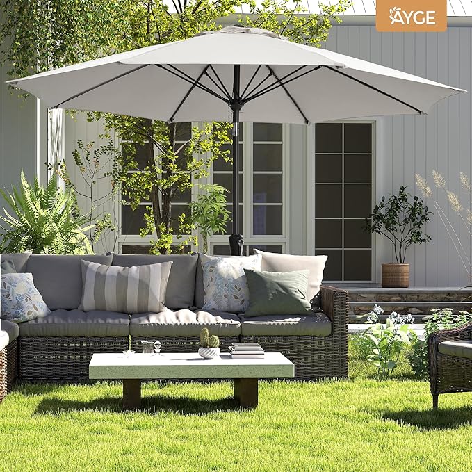 Ayge 9FT Large Outdoor Patio Umbrella Market Table Umbrella-UV Resistant, Easy Push Button Tilt and Crank, 8 Sturdy Fiberglass Ribs Heavy-Duty Pool Umbrella for Deck, Backyard,Garden,Light Grey