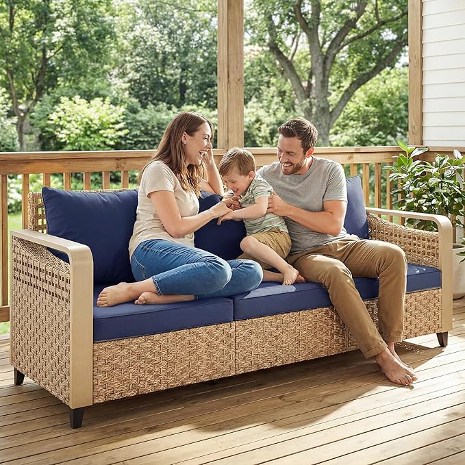 Outsunny Outdoor Patio Couch with Wide and Deep Seat, 3 Seater Wicker Outdoor Sofa with Wide Metal Armrests, Patio Furniture Couch with Cushions for Porch, Garden, Backyard, Dark Blue | Removable Covers