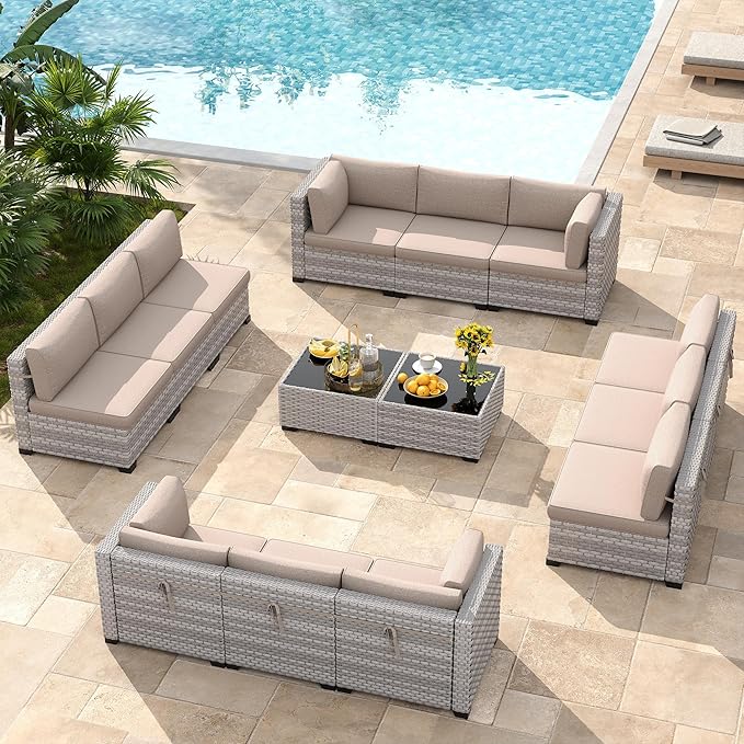 12-Seat Modular Patio Furniture Set – Outdoor Wicker Sectional Sofa with Thick 4″ Cushions, Dual-Strand PE Rattan, Rust-Resistant 18 mm Steel Frame, Backyard Garden Deck Lounge,Beige