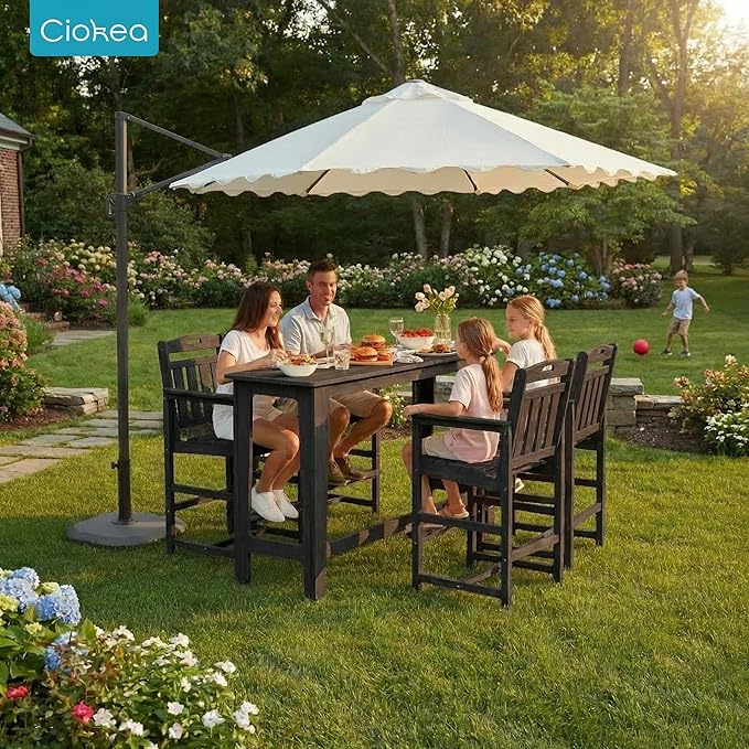Ciokea 3 Pcs Outdoor Bar Height Table Set, 60" Extra Long Rectangle High Top Table and 2 Oversized Adirondack Chairs Set, Heavy-Duty All-Weather HDPE Patio Bar Set for Backyard Balcony Deck, Black