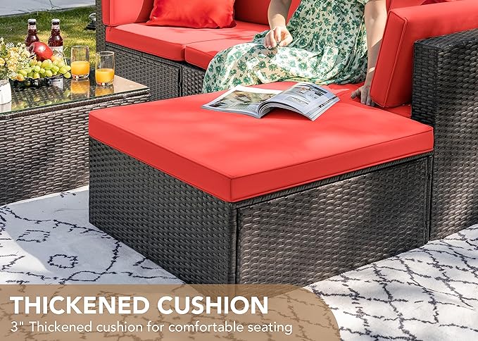 Devoko 5 Pieces Patio Furniture Sets All Weathevr Outdoor Sectional Patio Sofa Manual Weaving Wicker Rattan Patio Seating Sofas with Cushion and Glass Table (Red)