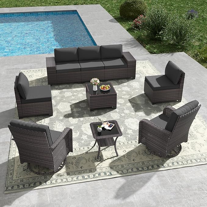 Kullavik 9 Pieces Outdoor Patio Furniture Set,PE Wicker Rattan Sectional Sofa Patio Conversation Sets with Swivel Rocking Chairs Set,Grey