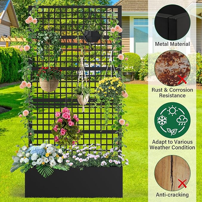 Metal Planter Box with Trellis 36" L x 16" W x 72" H, Raised Garden Bed with Privacy Screen, Privacy Planters for Climbing Plants, Flowers, Vegetables, Fruits