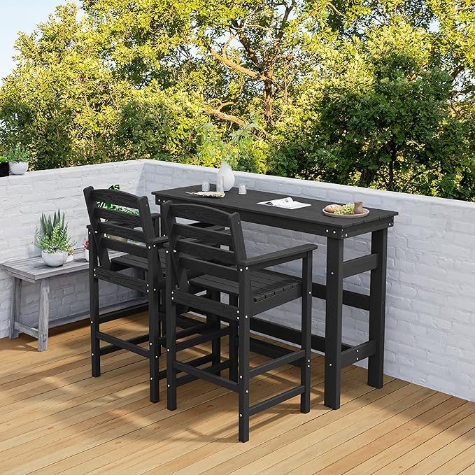SERWALL Outdoor Bar Table and Chairs Set, Adirondack Bar Chairs Set of 2 and Bar Height Table, All Weather HDPE Patio Bar Set, Outdoor Furniture for Outside, Black