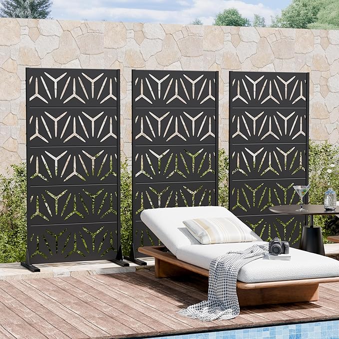 Casaphoria Metal Privacy Screen Outdoor, 60" H x 30" W Freestanding Decorative Privacy Screen for Patio Deck Balcony Garden with Stable Base, Black-Star