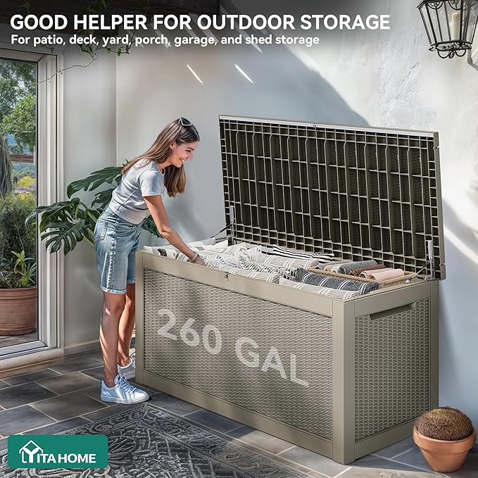 YITAHOME XXL 260 Gal Large Deck Box, Outdoor Resin Storage Box, Rattan Storage Container for Patio Furniture, Garden Tools, Waterproof, Lockable (Brown)