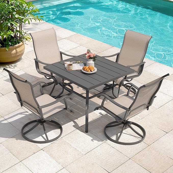 NUU GARDEN 5-Piece Outdoor Patio Dining Set, Slatted 37’’ Square Table with Umbrella Hole and 4 Patio Swivel Textilene Chairs, All Weather Patio Furniture Set for Porch, Backyard, Garden, Poolside