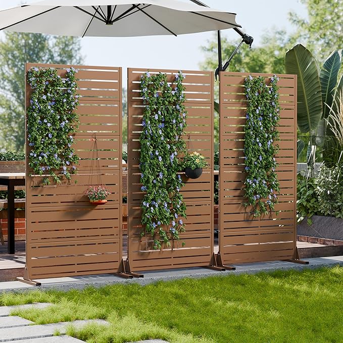 Casaphoria Metal Privacy Screen Outdoor, 72" H x 35" W Freestanding Decorative Privacy Screen for Patio Deck Balcony Garden with Stable Base, Brown-Benjamin