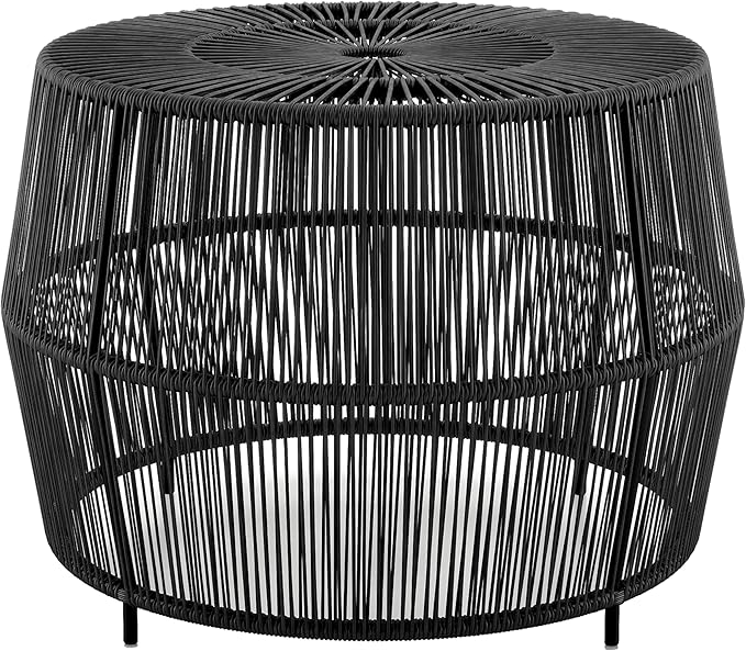 Furniture of America Ysar Boho Rattan Round Coffee Table Outdoor with Metal Frame, All-Weather and Rust Resistant, Handcrafted Coastal Furniture for Patio, Poolside, Garden, Yard, Black