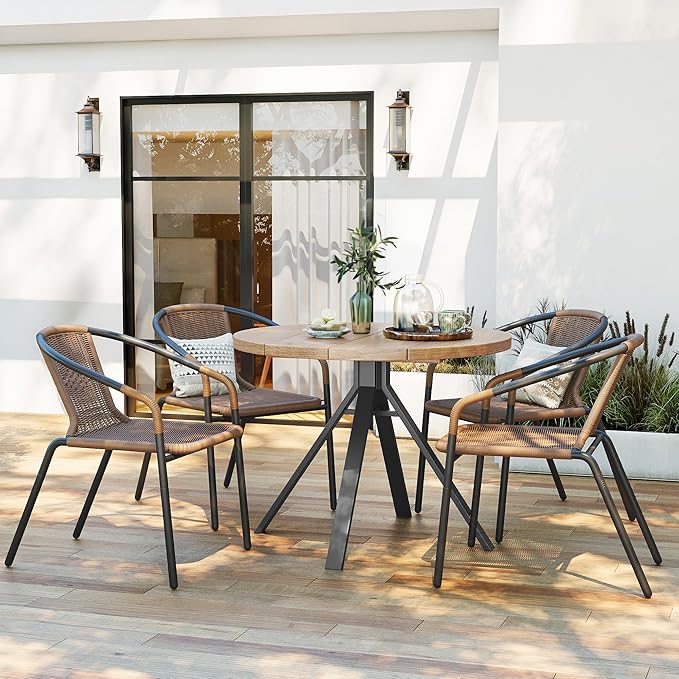 Amopatio Outdoor Dining Chairs Set of 4, Stackable Patio Chairs, Rattan Wicker Patio Dining Chairs Set of 4, Bistro, Deck, Yard, Porch, Brown