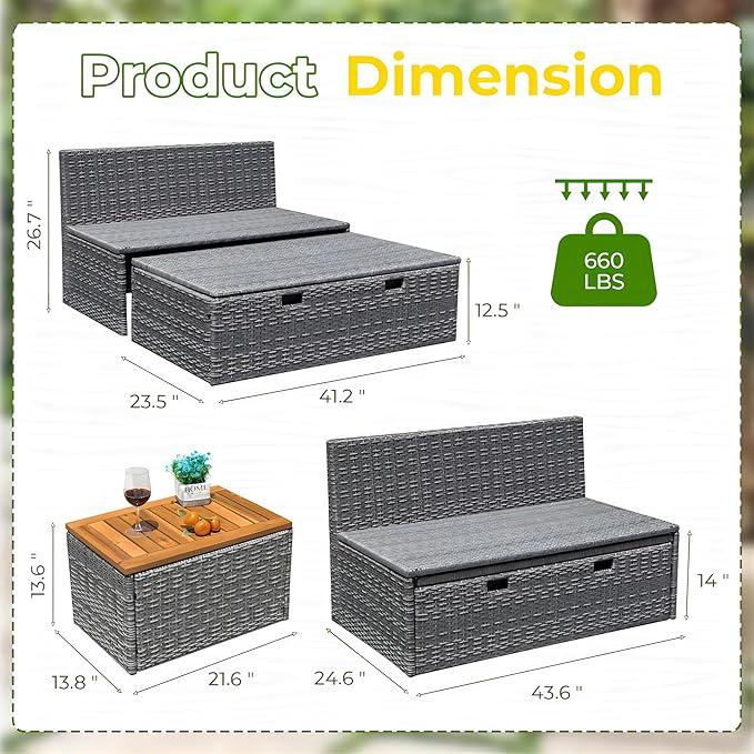 Greesum Outdoor Daybed Set Multifunctional Wicker Lounge Bed Furniture with Two Side Tables, Cushions, Storage Bench for Porch Lawn Patio Beach, OneSize, Gray