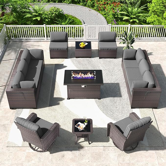 Kullavik 13 Pieces Outdoor Patio Furniture Set,PE Wicker Rattan Sectional Sofa Patio Conversation Sets with 43" 55000BTU Gas Propane Fire Pit Table,Swivel Rocking Chairs Set,Grey