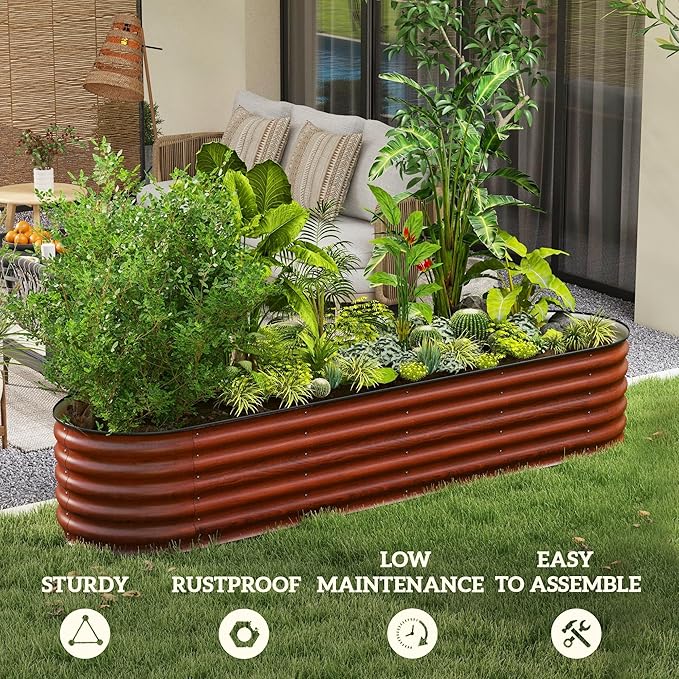 Outsunny 8' x 2' x 1.4' Galvanized Raised Garden Bed Kit, Outdoor Metal Elevated Planter Box with Safety Edging, Easy DIY Stock Tank for Growing Flowers, Herbs & Vegetables, Brown