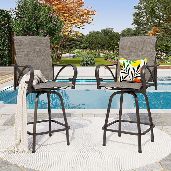 PHI VILLA Outdoor Swivel Bar Stools Set of 4, High Top Patio Bar Stools & Chairs with Armrest & Textilene Fabric for Outside, Grey