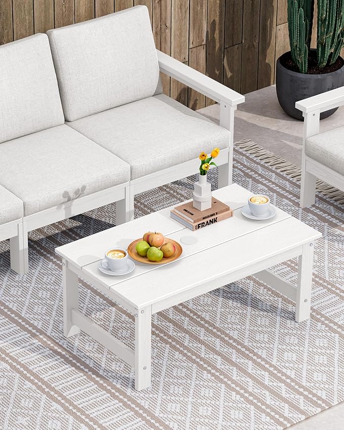 SERWALL HDPE Patio Coffee Table, Rectangle Outdoor Coffee Table, All-Weather Coffee Side Table for Balcony, Poolside, Deck, Garden, White