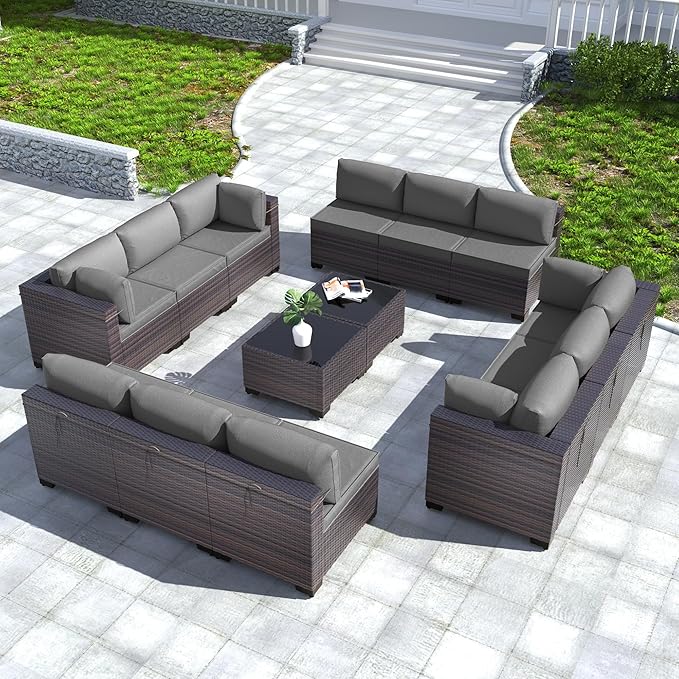Kullavik 14 Pieces Outdoor Patio Furniture Set PE Wicker Rattan Sectional Sofa Patio Conversation Sets,Grey