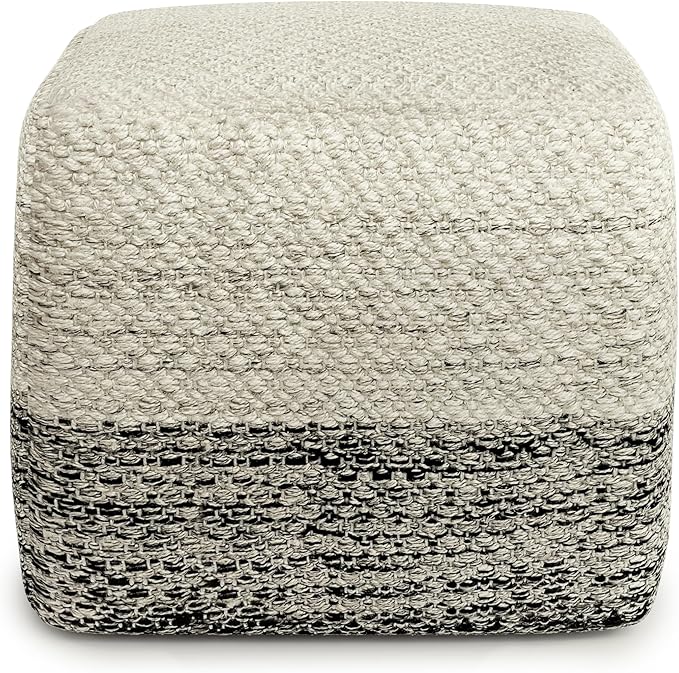 SIMPLIHOME Macie Square Pouf - 18 inch Wide Handcrafted PET Polyester Ottoman in Grey and White, Boho Indoor/Outdoor Footstool or Extra Seating for Living Room with Polystyrene Bead Filling, Assembled
