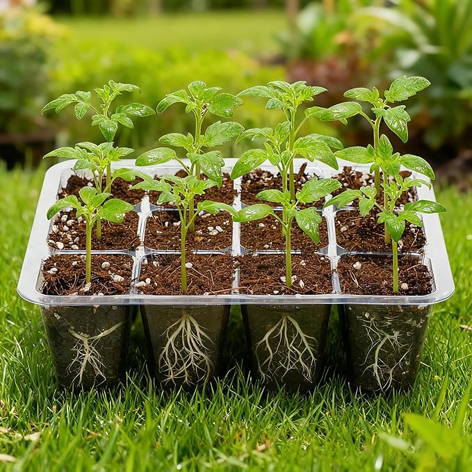 Bonviee 12 Packs Seed Starter Tray with Drainage Holes, Reusable & Durable, Clear for Root Monitoring, Easy to Repotted Without Root Damage, 12 Cells per Tray