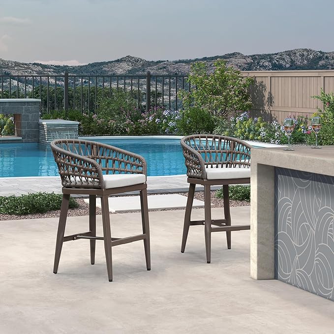 PURPLE LEAF Outdoor Rattan 24" Counter Height Bar Stools Chair Set of 2, Modern Patio Wicker Barstool with Backrest for Indoor and Outdoor, Kitchen Island, Coffee