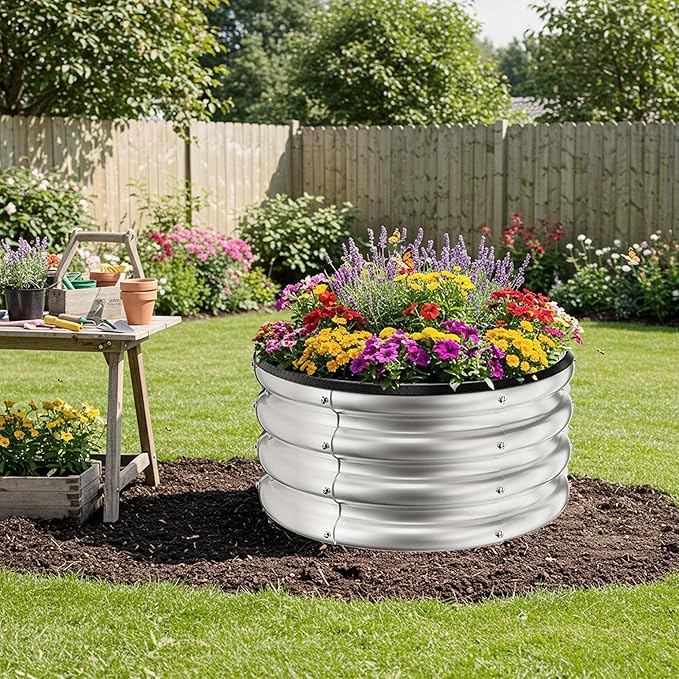 ZXZYHFTY Round Galvanized Raised Garden Bed kit,Silver Outdoor Garden Raised Planter Box, Round Large Metal Raised Garden Beds for Vegetable 2 * 2 * 1ft 1 Pack