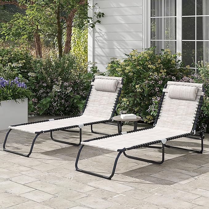 Outsunny Folding Chaise Lounge Chair Set of 2, Patio Sun Tanning Chair, Outdoor Chaise Lounger with 4-Position Reclining Back, Breathable Mesh Seat for Beach, Poolside, Cream