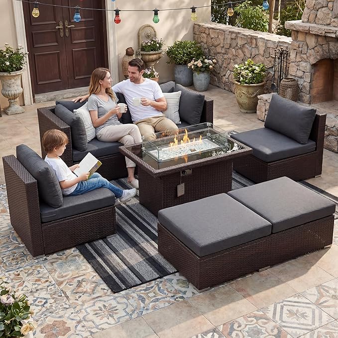 NICESOUL Extra Large Size Patio Furniture Set with Firepit Natural Gas/Propane, 6 Seater Modern Luxury Outdoor Sofa Set, 29.3'' High Backrest Backyard Sitting, Brown Rattan and Dark Grey Cushion