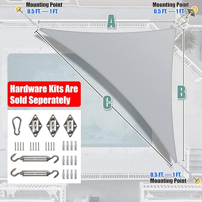 Amgo 16' x 16' x 22.6' Grey Right Triangle Sun Shade Sail Outdoor Canopy Awning UPF50+ AGTAPRT12, 95% UV Blockage, Water & Air Permeable, Commercial Standard Heavy Duty (We Make Custom Size)