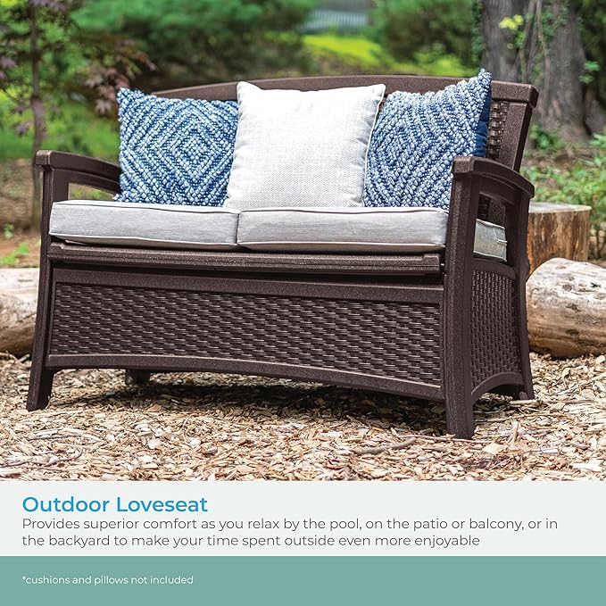 Suncast Outdoor Wicker Love Seat with 23-Gallon Storage, Comfortable Seating for Two, Ergonomic Back Support, All-Weather Furniture for Patio, Deck, and Garden, Java, Made in the USA